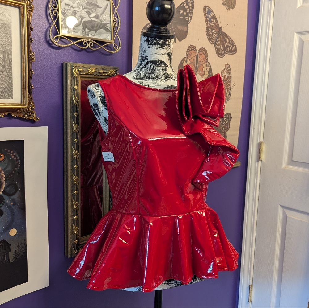 Red Vibrant PU/Faux Latex Peplum Top